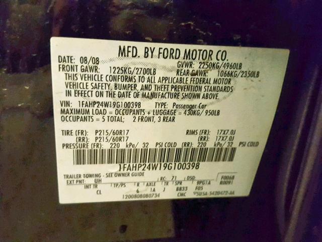 1FAHP24W19G100398 - 2009 FORD TAURUS SEL BLACK photo 10