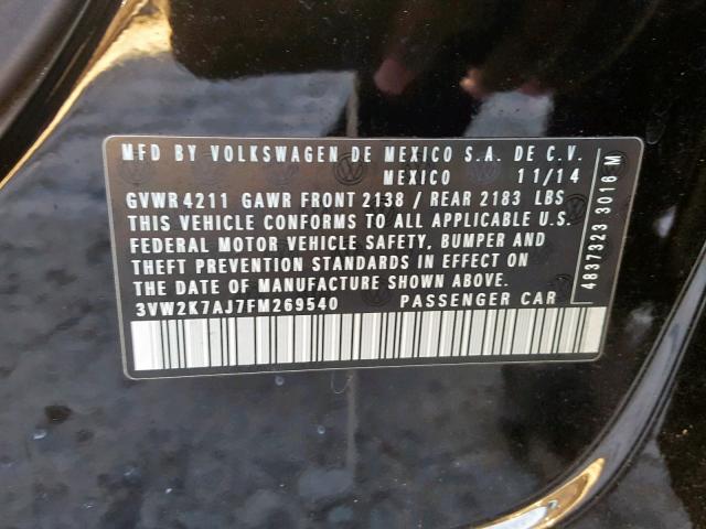 3VW2K7AJ7FM269540 - 2015 VOLKSWAGEN JETTA BASE BLACK photo 10