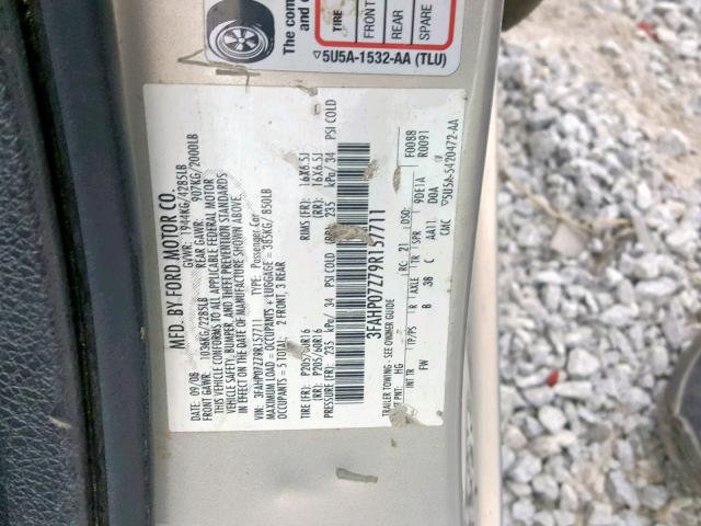 3FAHP07Z79R157711 - 2009 FORD FUSION SE BEIGE photo 10