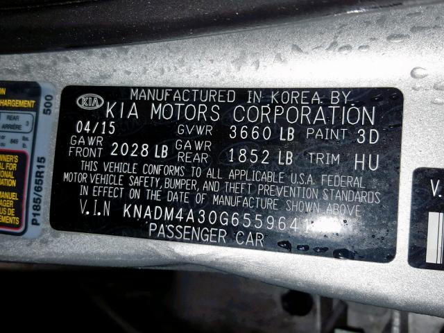 KNADM4A30G6559641 - 2016 KIA RIO LX SILVER photo 10