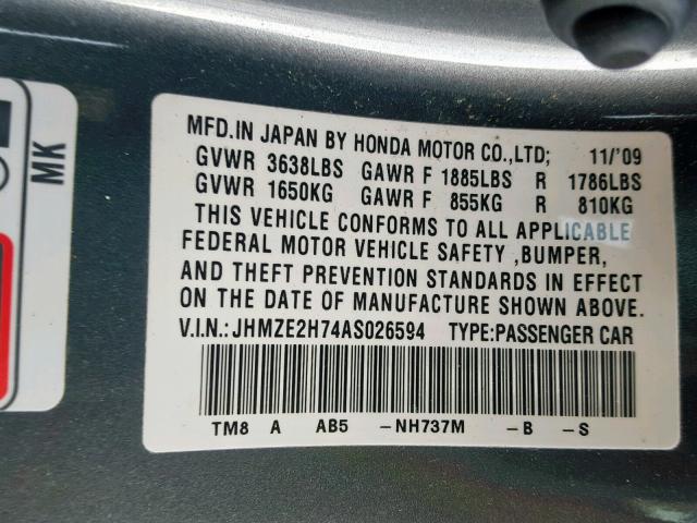 JHMZE2H74AS026594 - 2010 HONDA INSIGHT GRAY photo 10