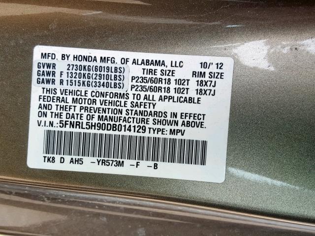 5FNRL5H90DB014129 - 2013 HONDA ODYSSEY TO TAN photo 10