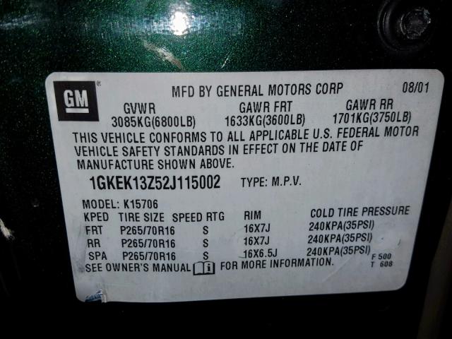 1GKEK13Z52J115002 - 2002 GMC YUKON GREEN photo 10