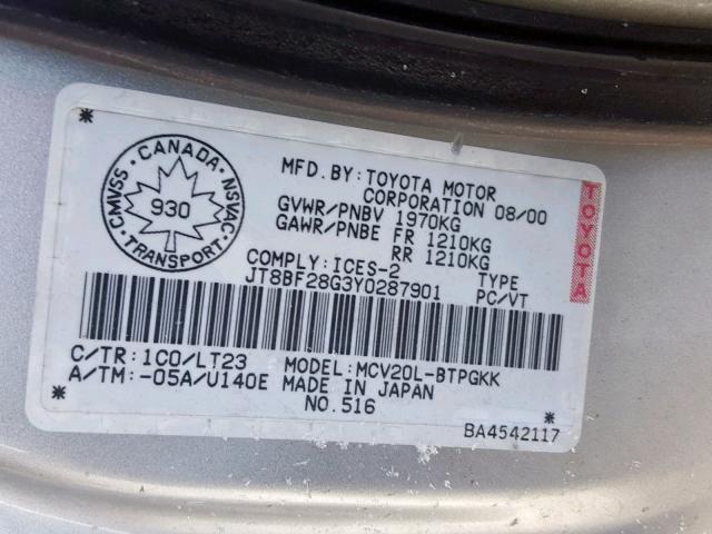 JT8BF28G3Y0287901 - 2000 LEXUS ES 300 SILVER photo 10