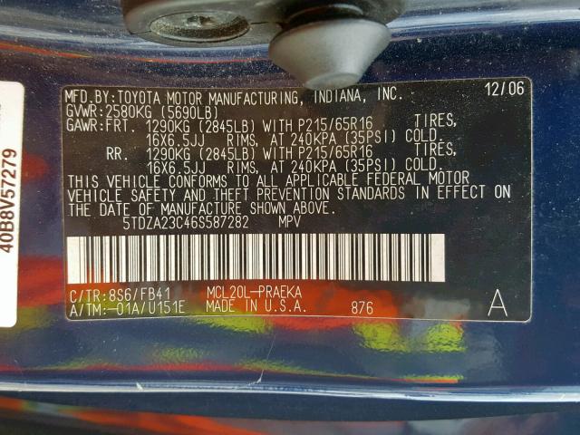 5TDZA23C46S587282 - 2006 TOYOTA SIENNA CE/ BLUE photo 10