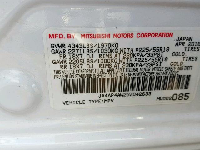 JA4AP4AW2GZ042633 - 2016 MITSUBISHI OUTLANDER WHITE photo 10