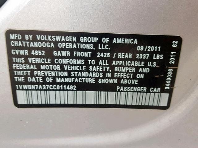 1VWBN7A37CC011492 - 2012 VOLKSWAGEN PASSAT SE SILVER photo 10