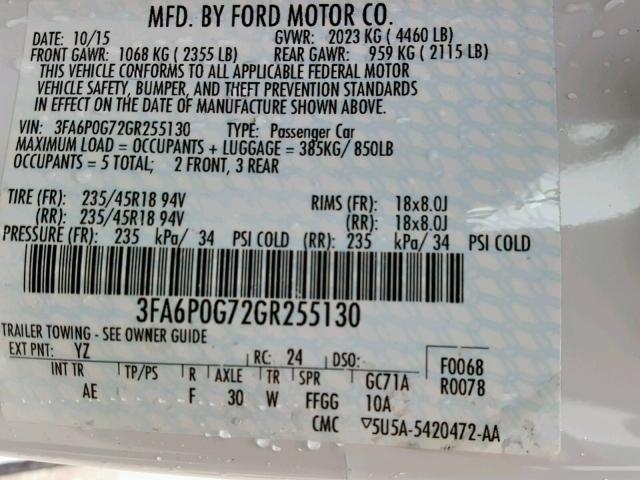 3FA6P0G72GR255130 - 2016 FORD FUSION S WHITE photo 10