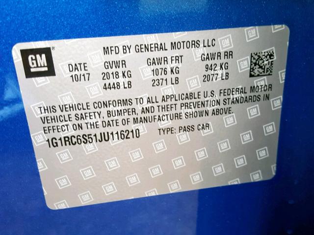 1G1RC6S51JU116210 - 2018 CHEVROLET VOLT LT BLUE photo 10