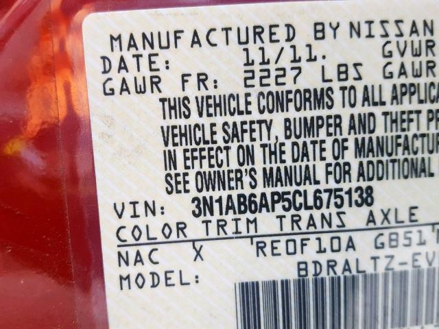 3N1AB6AP5CL675138 - 2012 NISSAN SENTRA 2.0 RED photo 10