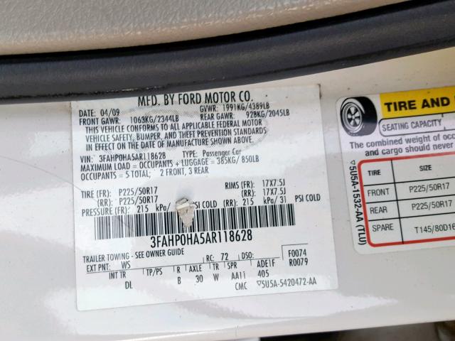 3FAHP0HA5AR118628 - 2010 FORD FUSION SE WHITE photo 10