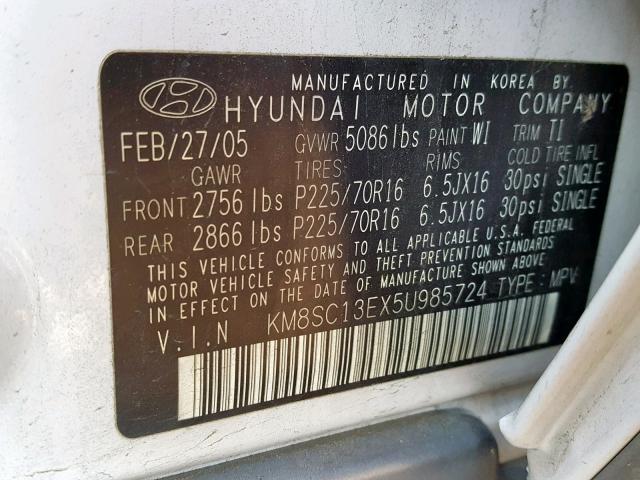 KM8SC13EX5U985724 - 2005 HYUNDAI SANTA FE G WHITE photo 10