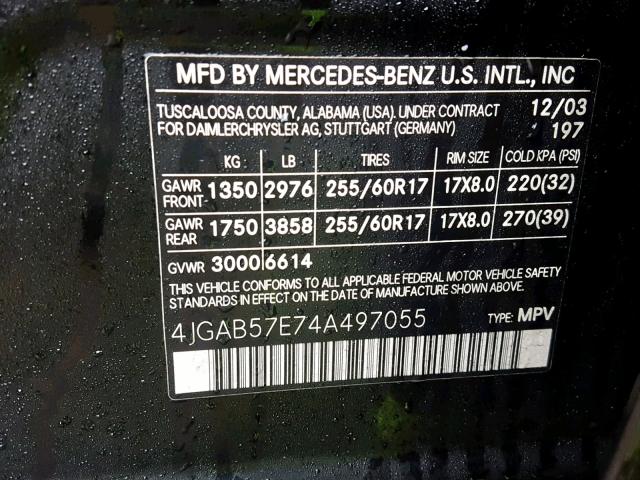 4JGAB57E74A497055 - 2004 MERCEDES-BENZ ML 350 BLACK photo 10