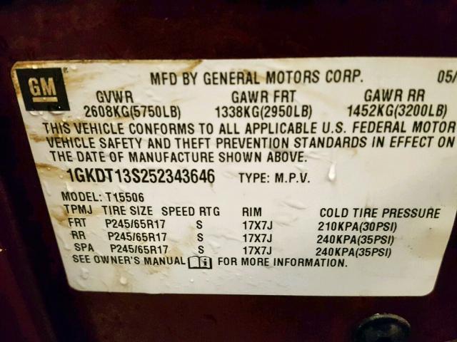 1GKDT13S252343646 - 2005 GMC ENVOY MAROON photo 10