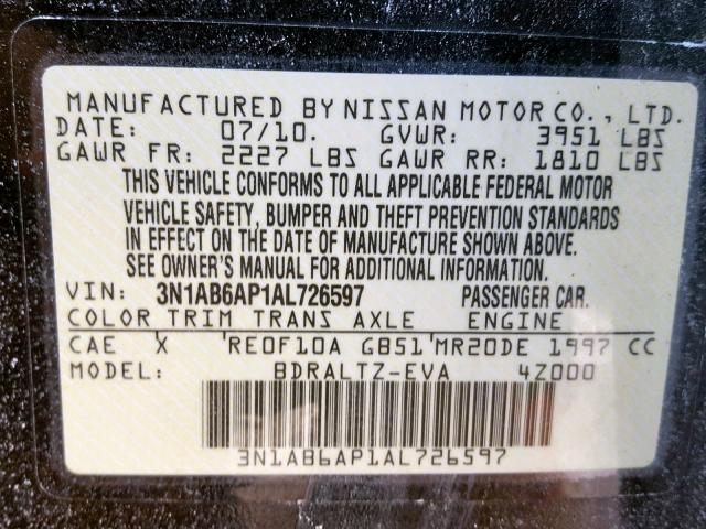 3N1AB6AP1AL726597 - 2010 NISSAN SENTRA 2.0 BLACK photo 10