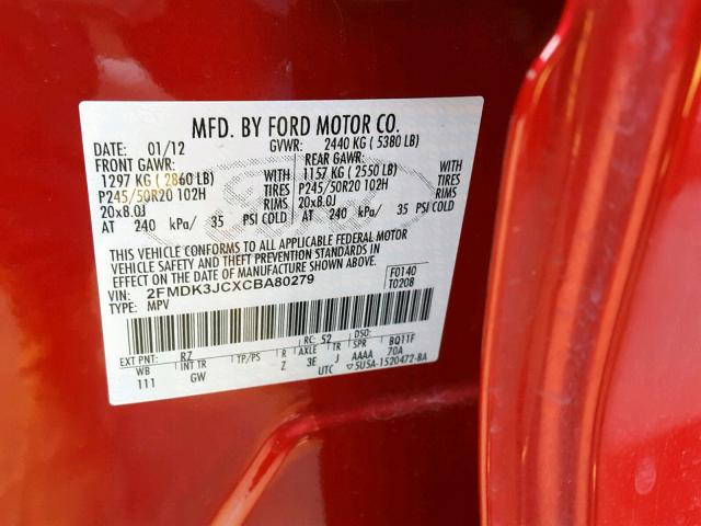 2FMDK3JCXCBA80279 - 2012 FORD EDGE SEL RED photo 10