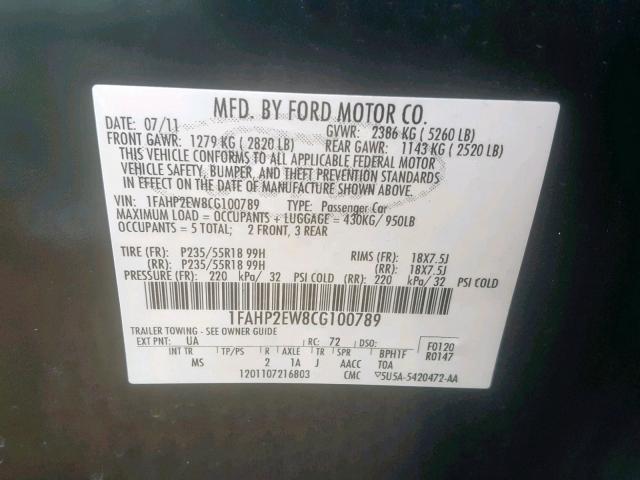 1FAHP2EW8CG100789 - 2012 FORD TAURUS SEL BLACK photo 10