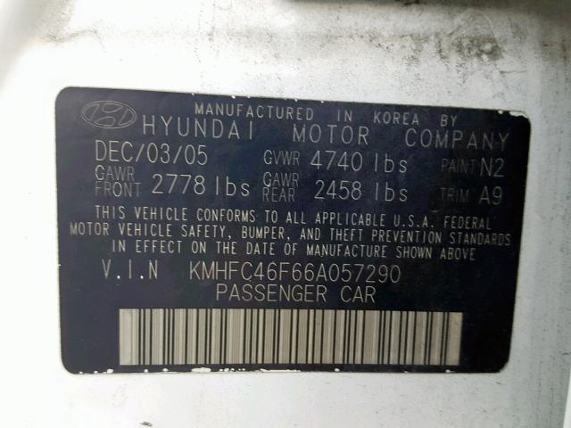 KMHFC46F66A057290 - 2006 HYUNDAI AZERA SE WHITE photo 10