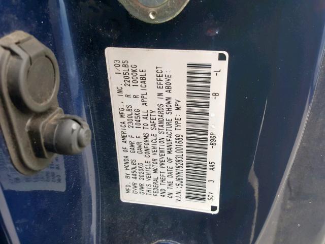 5J6YH18283L001689 - 2003 HONDA ELEMENT DX BLUE photo 10