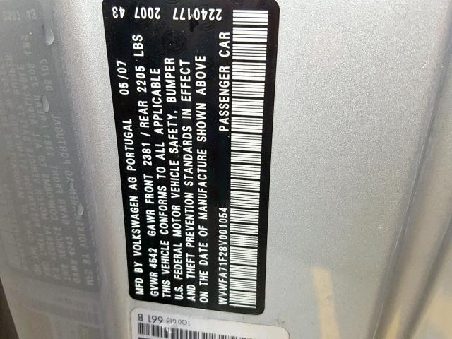 WVWFA71F28V001054 - 2008 VOLKSWAGEN EOS LUX 银色 照片 10