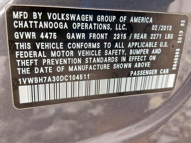 1VWBH7A30DC104511 - 2013 VOLKSWAGEN PASSAT SE GRAY photo 10