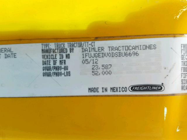 1FUJGEDV0DSBU6696 - 2013 FREIGHTLINER CASCADIA 1 YELLOW photo 10