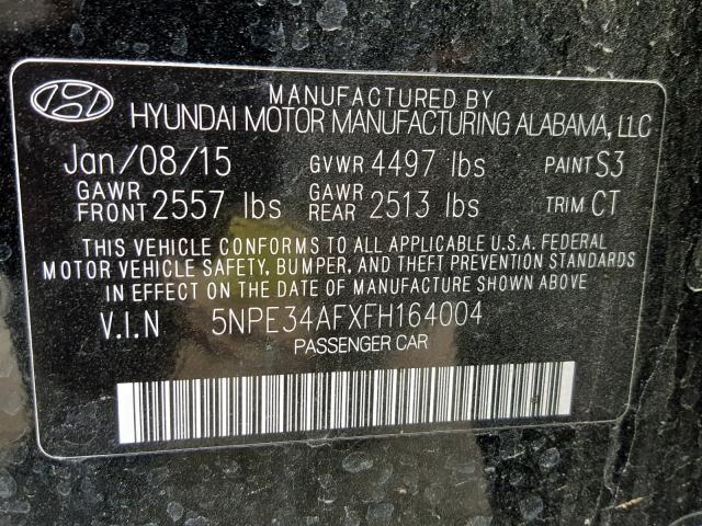 5NPE34AFXFH164004 - 2015 HYUNDAI SONATA SPO BLACK photo 10