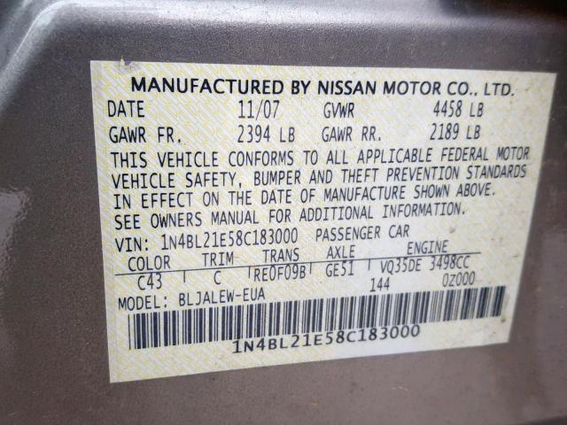 1N4BL21E58C183000 - 2008 NISSAN ALTIMA 3.5 GOLD photo 10