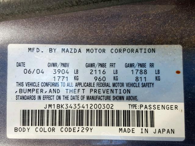 JM1BK343541200302 - 2004 MAZDA 3 HATCHBAC GRAY photo 10