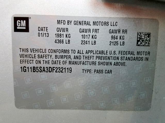 1G11B5SA3DF232119 - 2013 CHEVROLET MALIBU LS GRAY photo 10