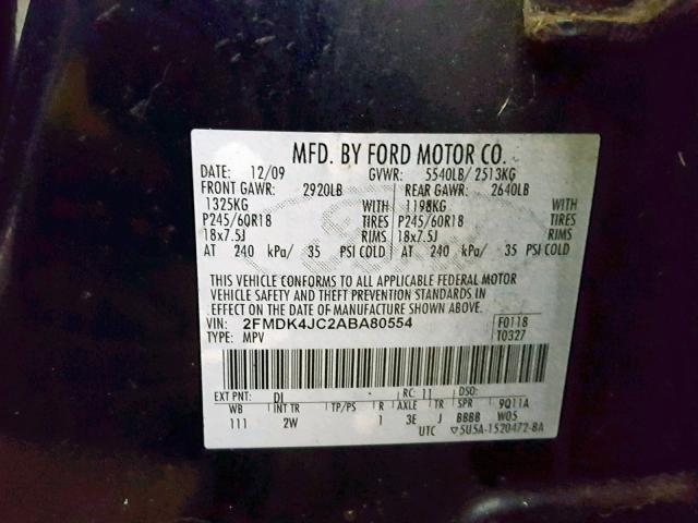 2FMDK4JC2ABA80554 - 2010 FORD EDGE SEL BLUE photo 10