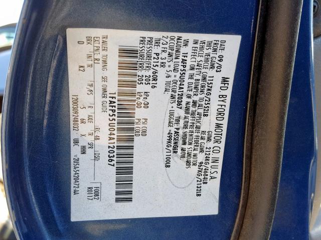 1FAFP55U04A120367 - 2004 FORD TAURUS SES BLUE photo 10