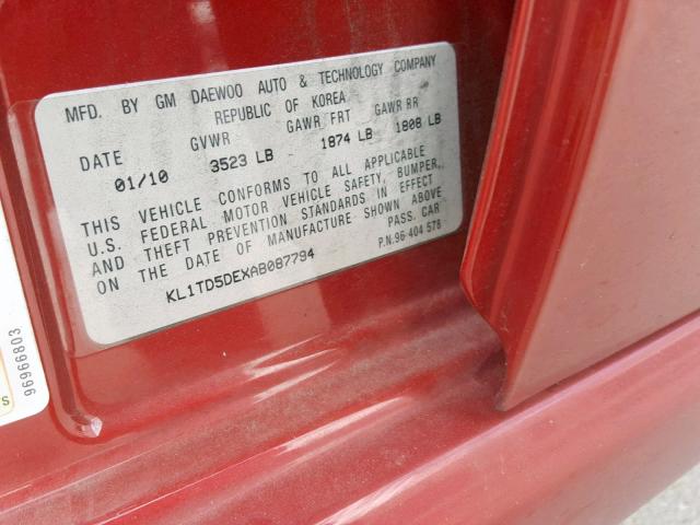 KL1TD5DEXAB087794 - 2010 CHEVROLET AVEO LS RED photo 10