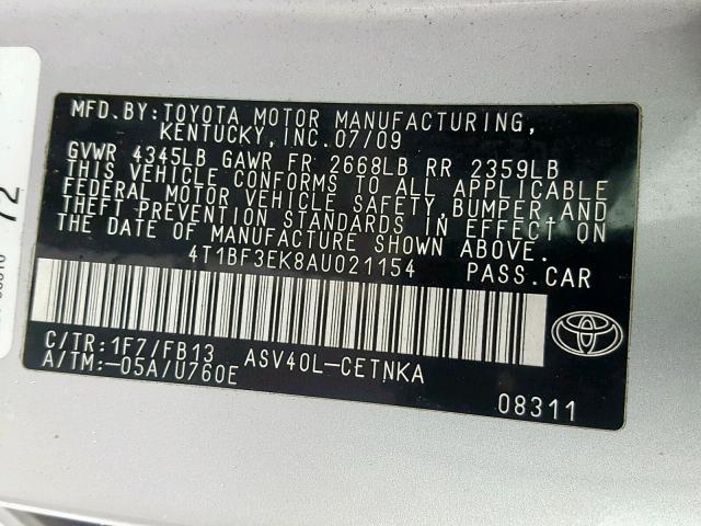 4T1BF3EK8AU021154 - 2010 TOYOTA CAMRY BASE SILVER photo 10