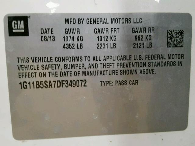 1G11B5SA7DF349072 - 2013 CHEVROLET MALIBU LS WHITE photo 10