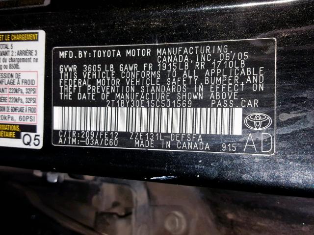 2T1BY30E15C501569 - 2005 TOYOTA COROLLA XR 黑色 照片 10