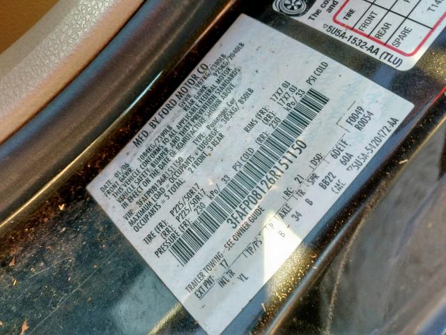 3FAFP08126R151150 - 2006 FORD FUSION SEL GRAY photo 10