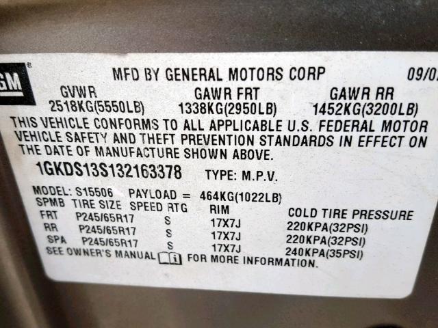 1GKDS13S132163378 - 2003 GMC ENVOY GRAY photo 10