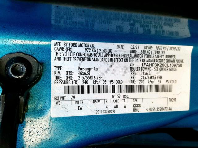 1FAHP3K26CL109750 - 2012 FORD FOCUS SE BLUE photo 10