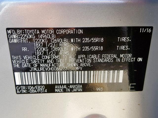 JTMJJREV0HD086277 - 2017 TOYOTA RAV4 HV SE SILVER photo 10