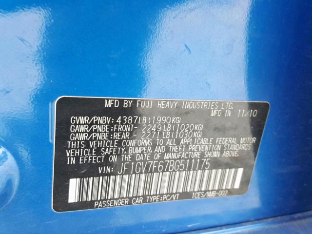 JF1GV7F67BG511175 - 2011 SUBARU IMPREZA WR BLUE photo 10