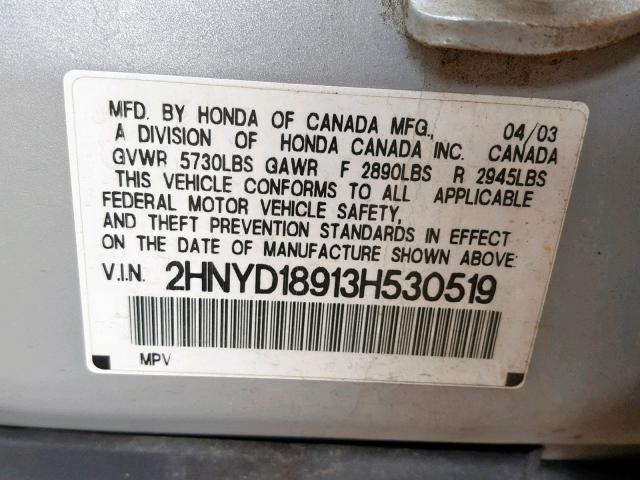 2HNYD18913H530519 - 2003 ACURA MDX TOURIN SILVER photo 10