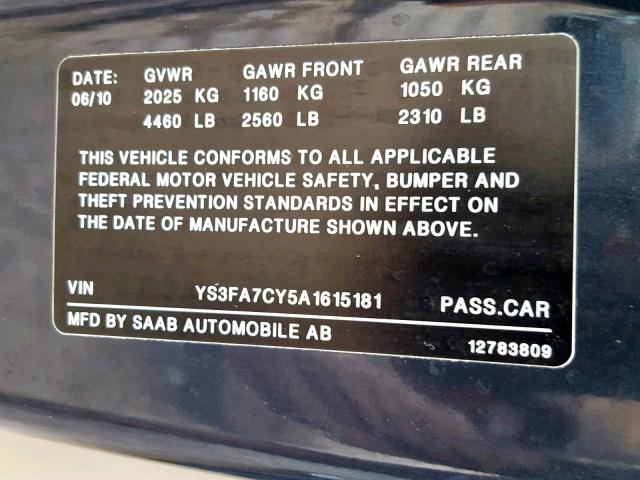 YS3FA7CY5A1615181 - 2010 SAAB 9-3 2.0T BLUE photo 10