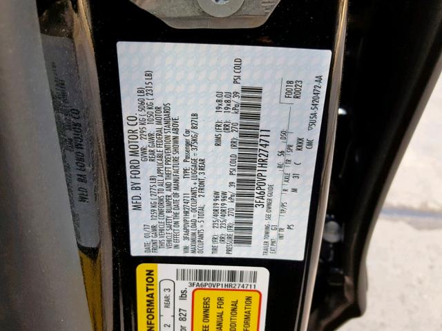 3FA6P0VP1HR274711 - 2017 FORD FUSION SPO BLACK photo 10