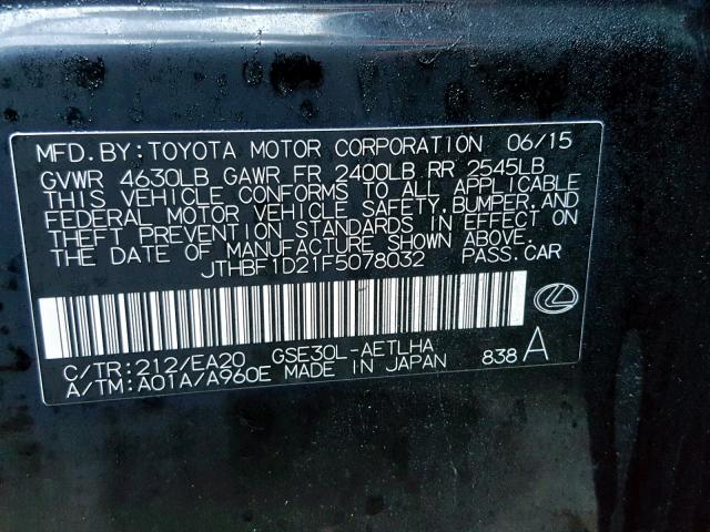 JTHBF1D21F5078032 - 2015 LEXUS IS 250 BLACK photo 10