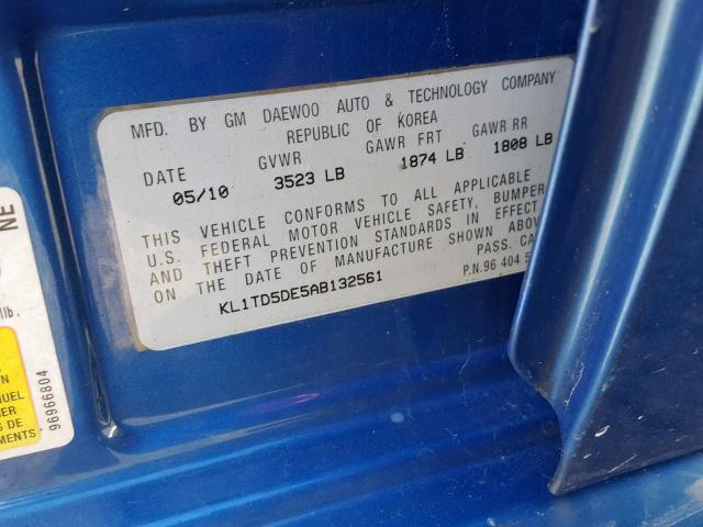 KL1TD5DE5AB132561 - 2010 CHEVROLET AVEO LS BLUE photo 10