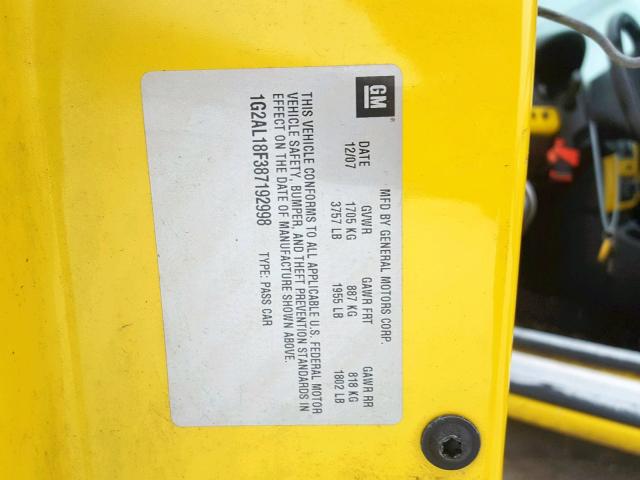 1G2AL18F387192998 - 2008 PONTIAC G5 YELLOW photo 10