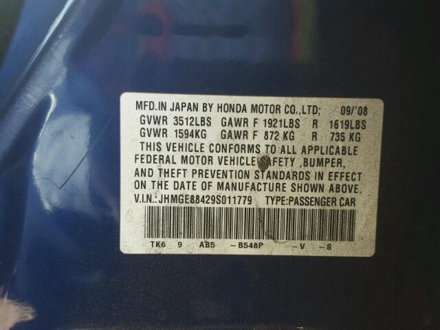 JHMGE88429S011779 - 2009 HONDA FIT SPORT BLUE photo 10