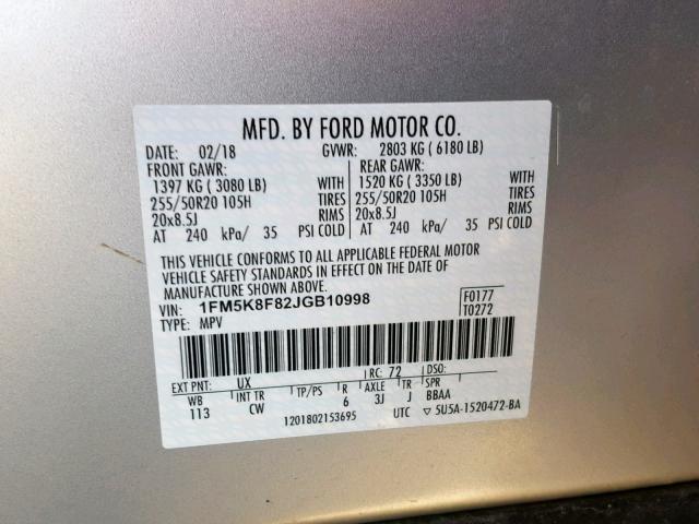 1FM5K8F82JGB10998 - 2018 FORD EXPLORER L SILVER photo 10