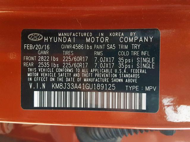 KM8J33A41GU189125 - 2016 HYUNDAI TUCSON LIM ORANGE photo 10